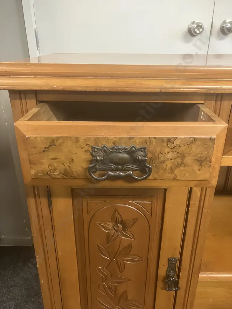 Antique Kauri & Burr Sideboard With Hand Carved Panels, Ornate Handles, 3 Drawer, 2 Door. H97 W139 D46cm Image 1++