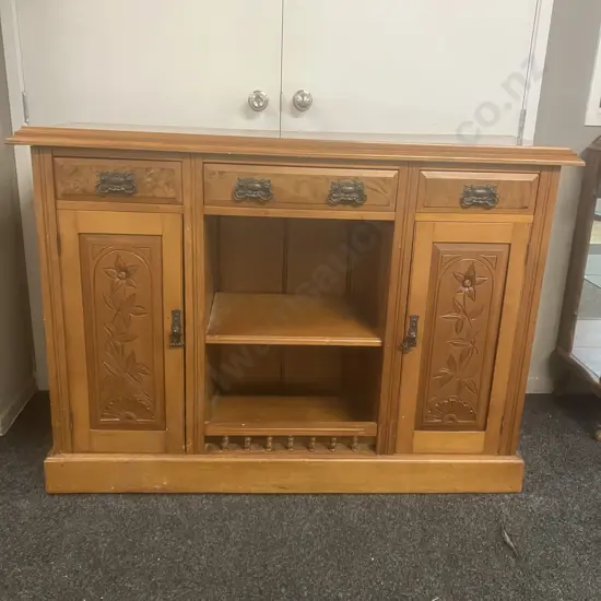 Antique Kauri & Burr Sideboard With Hand Carved Panels, Ornate Handles, 3 Drawer, 2 Door. H97 W139 D46cm