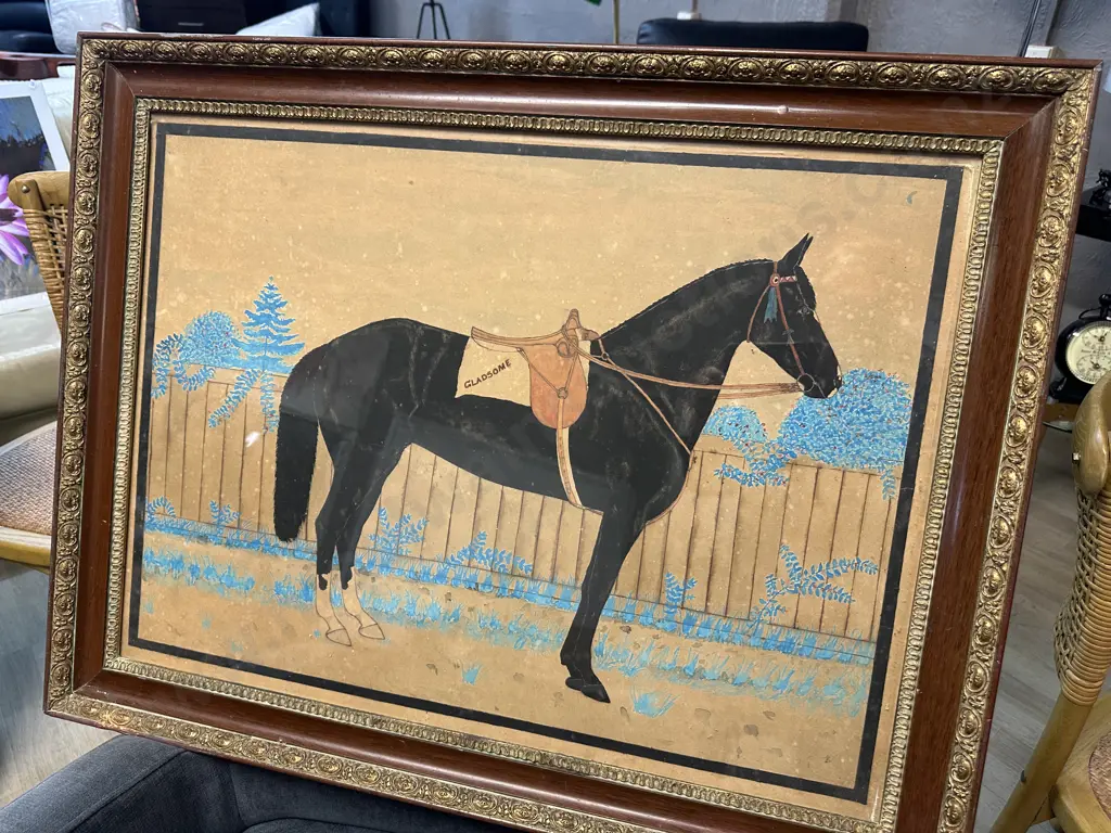 Gilt Framed Artwork Saddled Black Horse Standing In Front Of A Fence 67x87cm. Image 1++