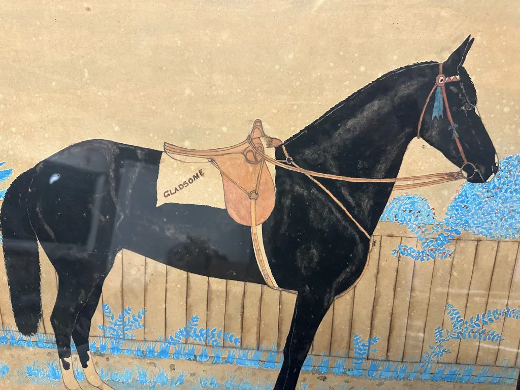 Gilt Framed Artwork Saddled Black Horse Standing In Front Of A Fence 67x87cm. Image 1++