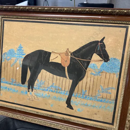 Gilt Framed Artwork Saddled Black Horse Standing In Front Of A Fence 67x87cm.