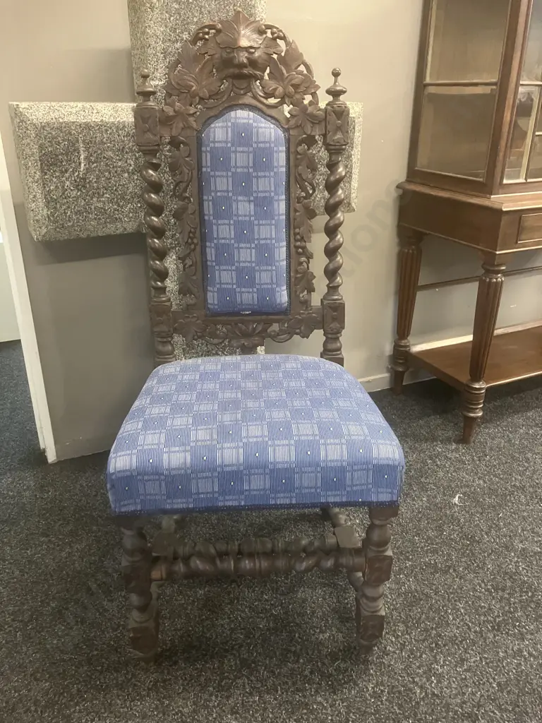 Antique c1800's Dining Chair, Oak Barley Twist, Scrolled Crests With Carved Mask, Turned Stretchers, Upholstered Image 1++