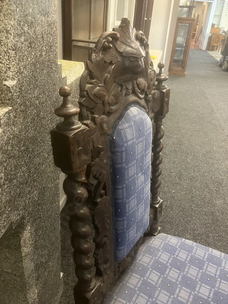 Antique c1800's Dining Chair, Oak Barley Twist, Scrolled Crests With Carved Mask, Turned Stretchers, Upholstered Image 1++