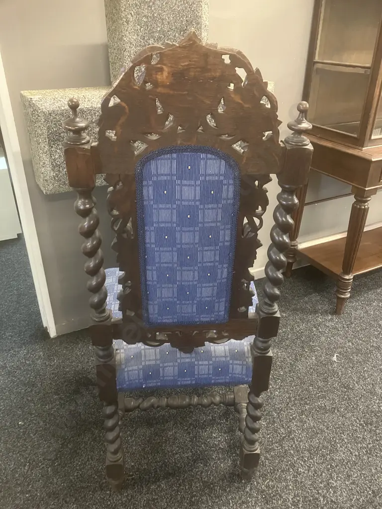 Antique c1800's Dining Chair, Oak Barley Twist, Scrolled Crests With Carved Mask, Turned Stretchers, Upholstered Image 1++