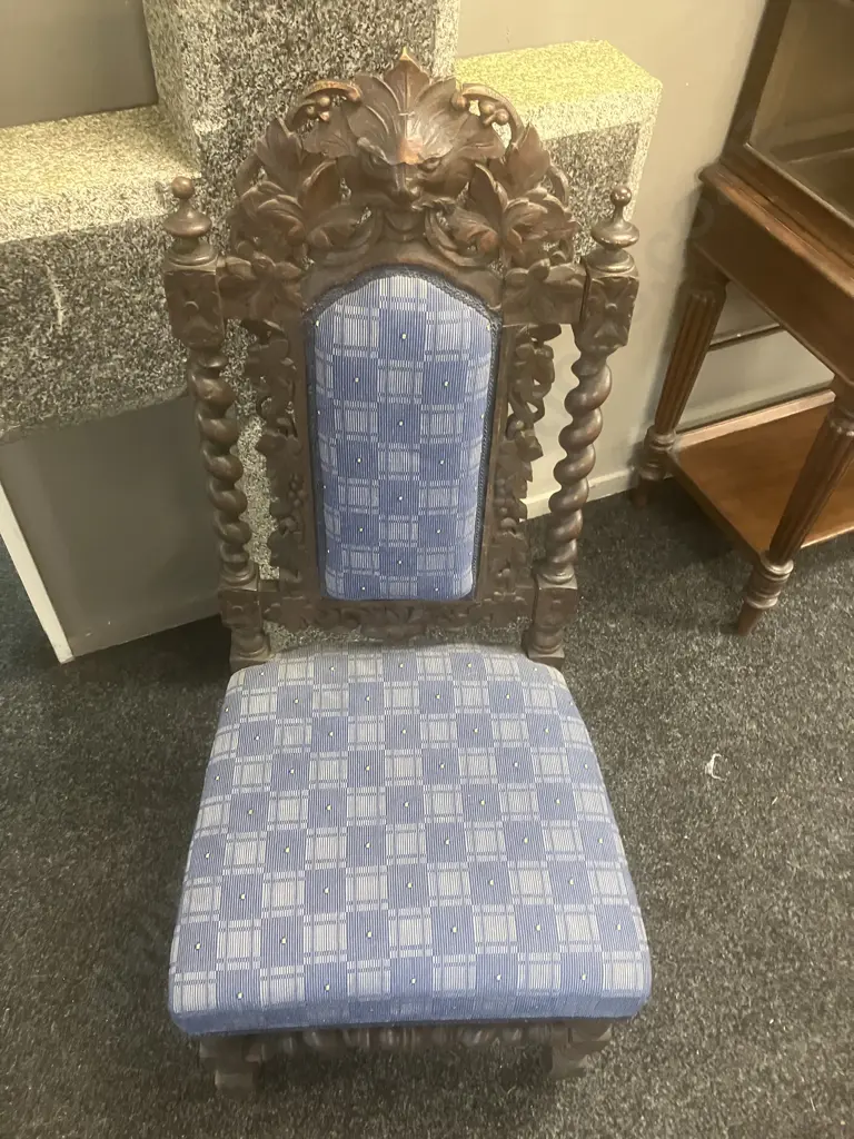 Antique c1800's Dining Chair, Oak Barley Twist, Scrolled Crests With Carved Mask, Turned Stretchers, Upholstered Image 1++