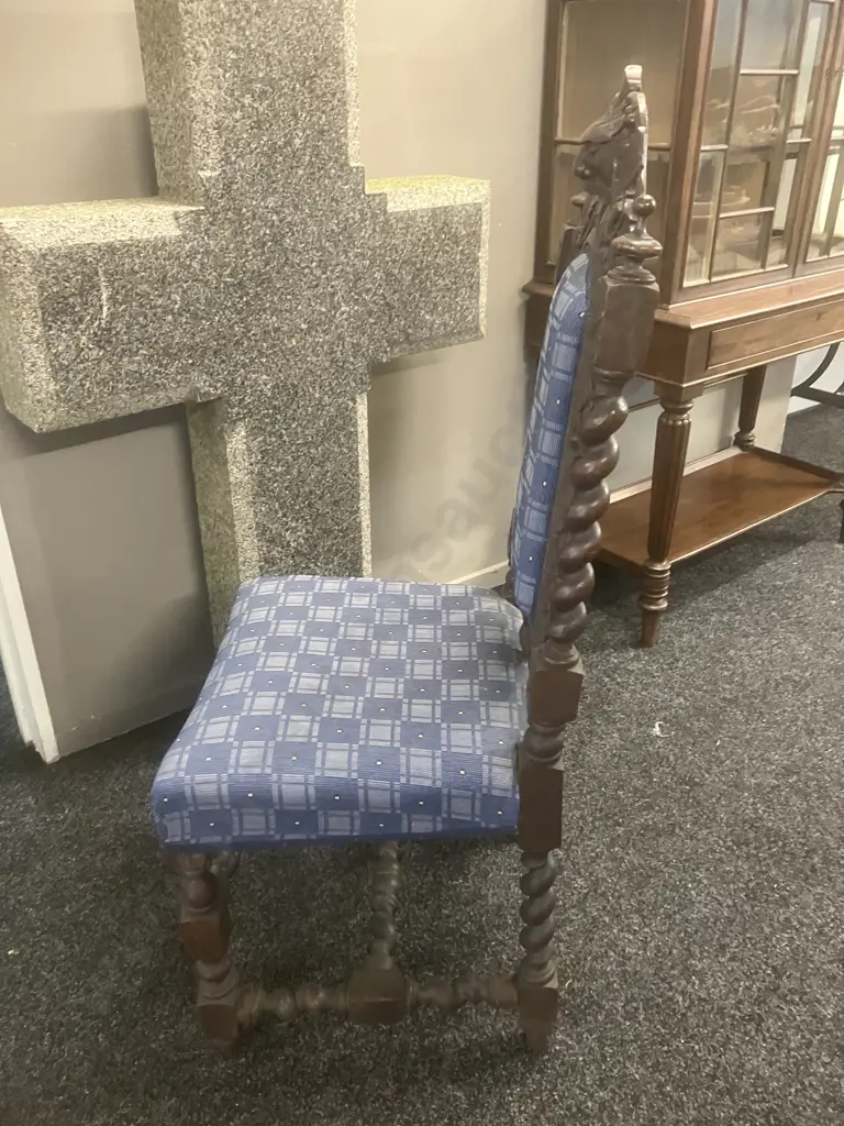 Antique c1800's Dining Chair, Oak Barley Twist, Scrolled Crests With Carved Mask, Turned Stretchers, Upholstered Image 1++