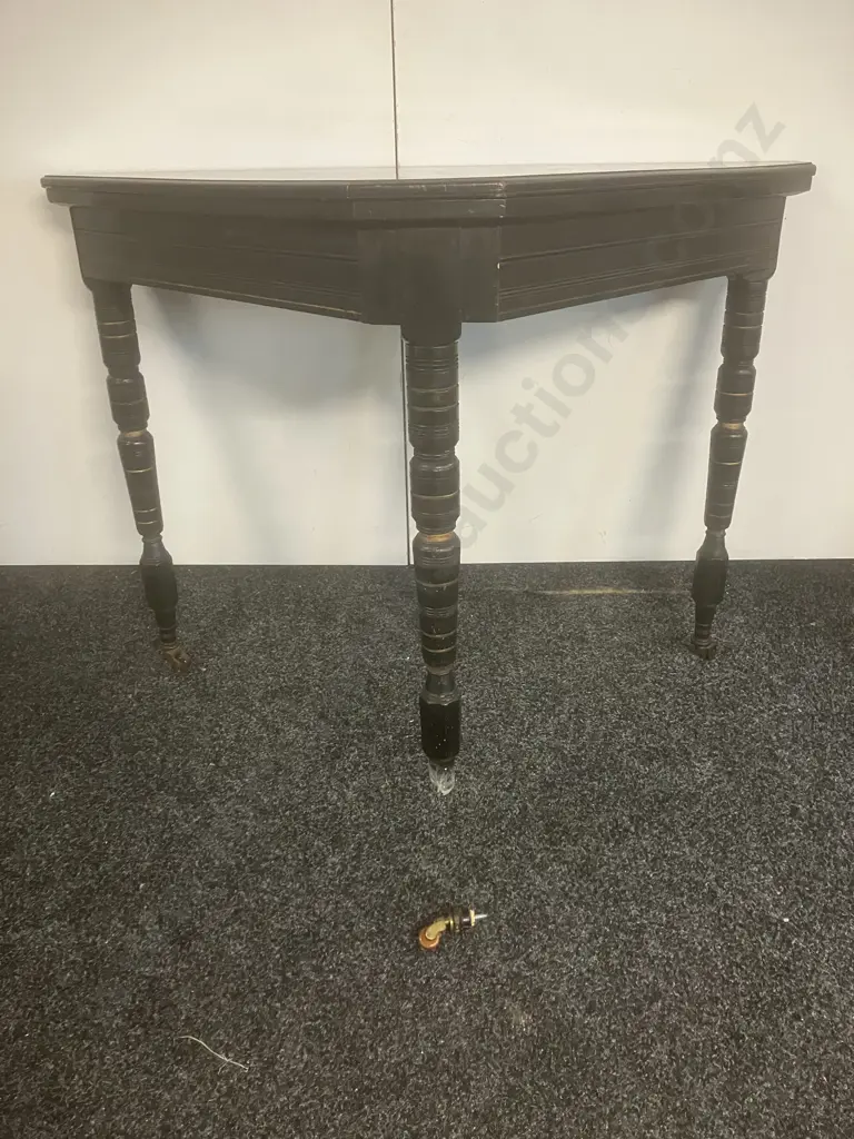 An Edwards and Roberts Style Antique Ebonised Card Table, Turnover Top Green Baize, Turned Supports & Castors. 72 x 96cm Image 1++