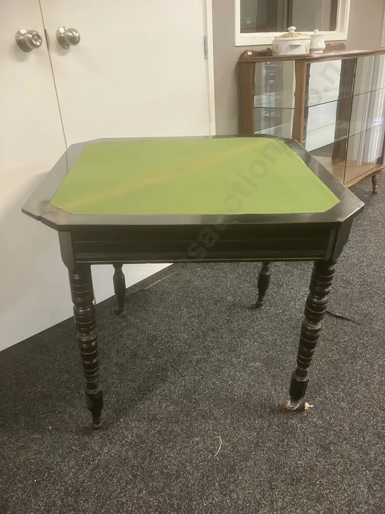 An Edwards and Roberts Style Antique Ebonised Card Table, Turnover Top Green Baize, Turned Supports & Castors. 72 x 96cm Image 1++