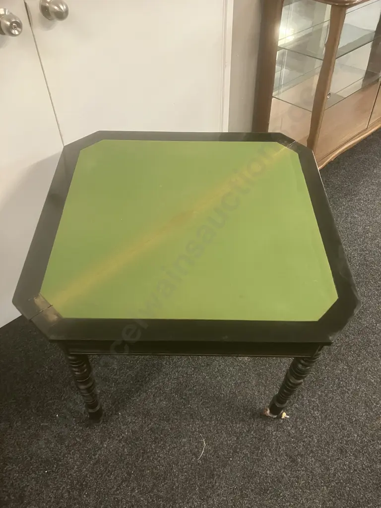 An Edwards and Roberts Style Antique Ebonised Card Table, Turnover Top Green Baize, Turned Supports & Castors. 72 x 96cm Image 1++