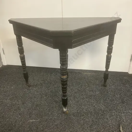 An Edwards and Roberts Style Antique Ebonised Card Table, Turnover Top Green Baize, Turned Supports & Castors. 72 x 96cm