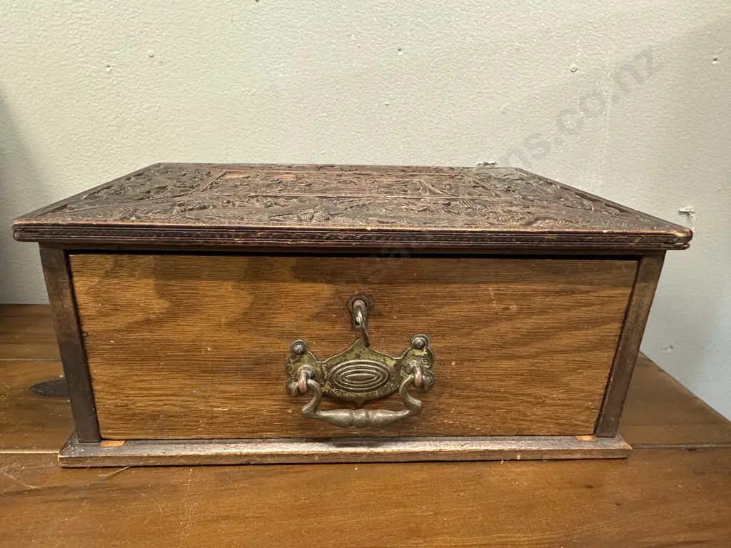 Hand Carved Wooden Box With Single Drawer & Key H11 W26 D19cm. Image 1++