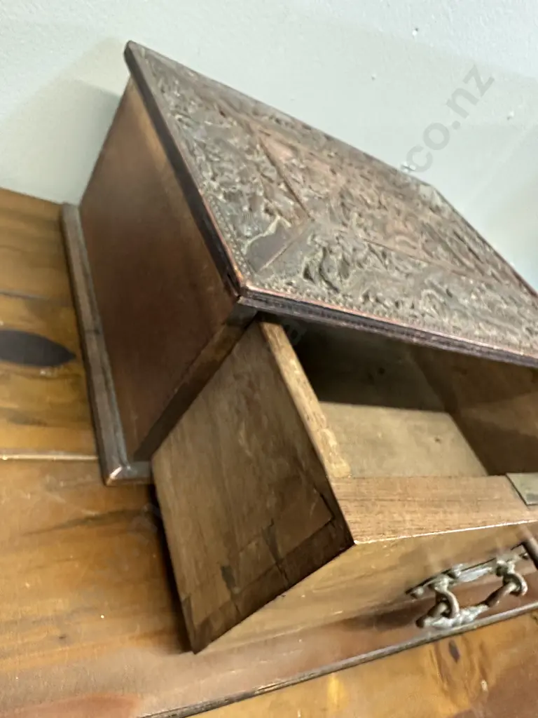 Hand Carved Wooden Box With Single Drawer & Key H11 W26 D19cm. Image 1++