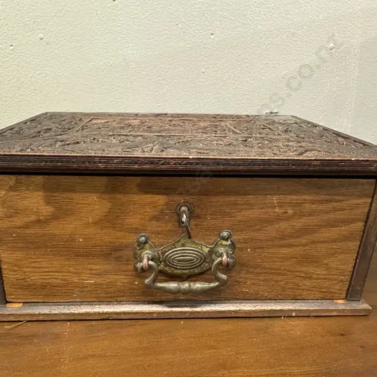 Hand Carved Wooden Box With Single Drawer & Key H11 W26 D19cm.