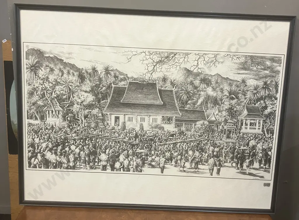 Ban Khily Gallery - Laos Village Scene on Saa Paper From Mulberry Tree Bark, Framed Behind Art Glass. 63 x 84cm Image 1++