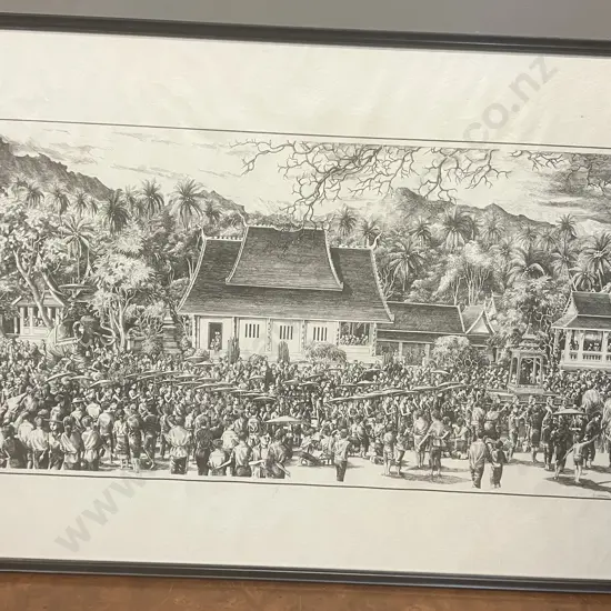 Ban Khily Gallery - Laos Village Scene on Saa Paper From Mulberry Tree Bark, Framed Behind Art Glass. 63 x 84cm