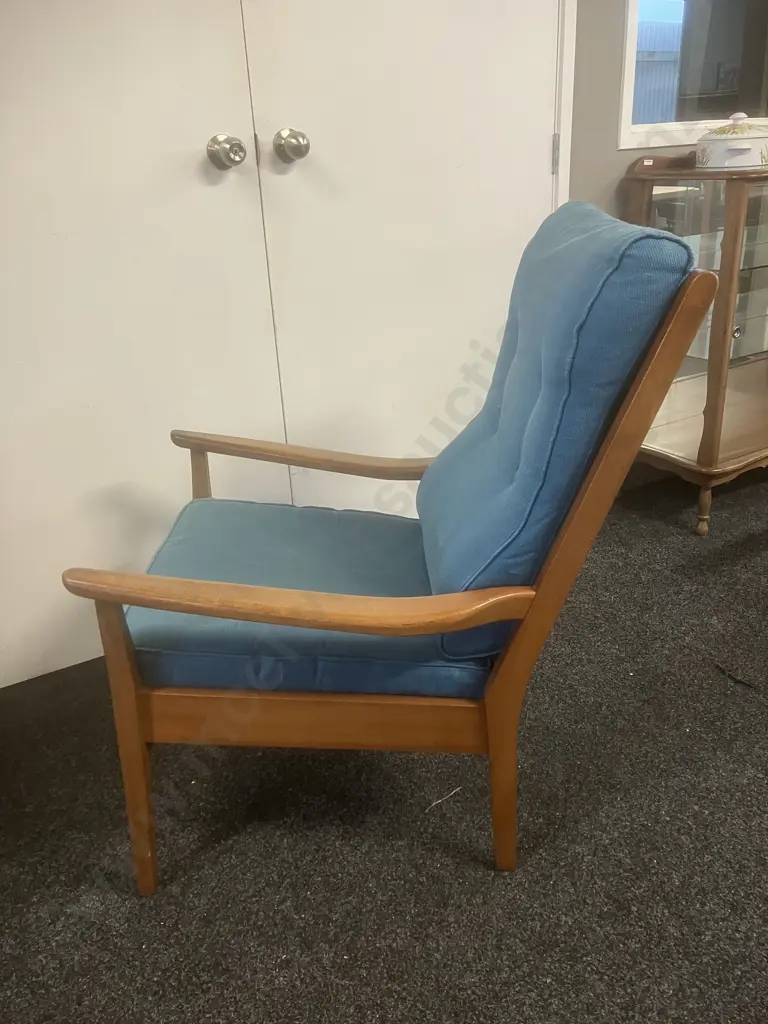 DON Furniture NZ 1960's Mid-Century Mahogany High Back Armchair With Teal Colour Button-backed Upholstery Image 1++