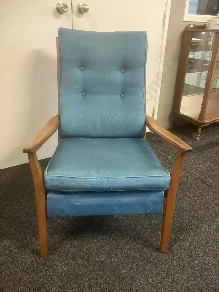 DON Furniture NZ 1960's Mid-Century Mahogany High Back Armchair With Teal Colour Button-backed Upholstery Image 1++