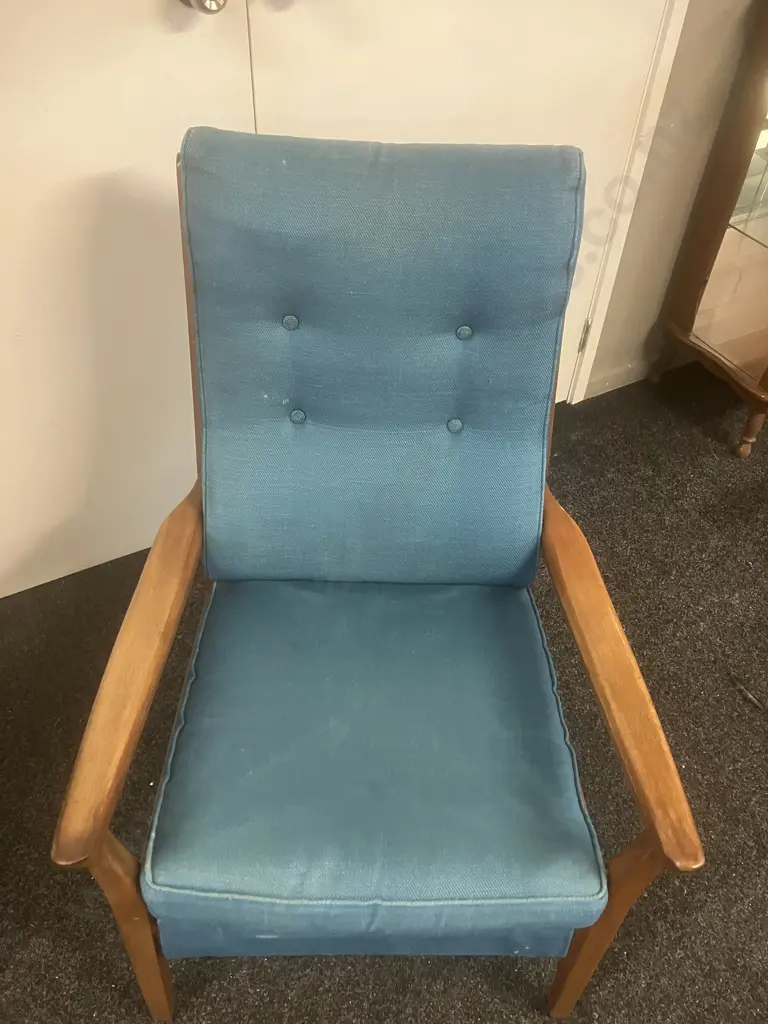 DON Furniture NZ 1960's Mid-Century Mahogany High Back Armchair With Teal Colour Button-backed Upholstery Image 1++