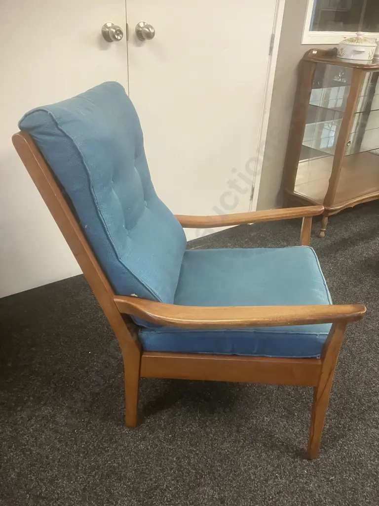 DON Furniture NZ 1960's Mid-Century Mahogany High Back Armchair With Teal Colour Button-backed Upholstery Image 1++