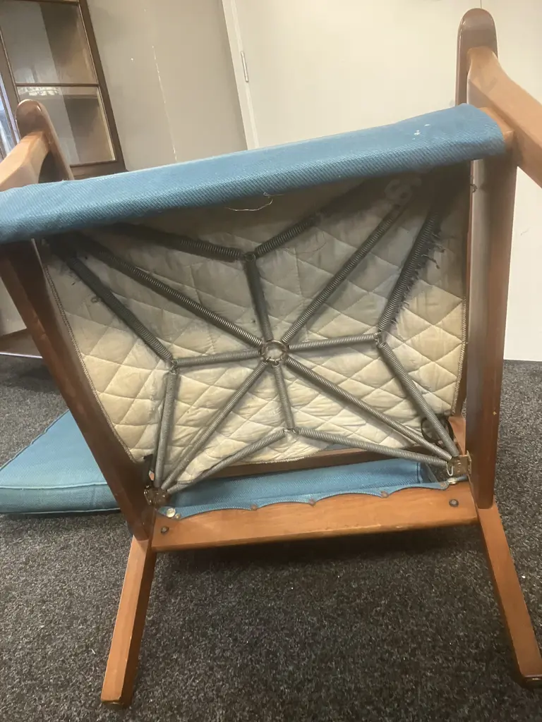DON Furniture NZ 1960's Mid-Century Mahogany High Back Armchair With Teal Colour Button-backed Upholstery Image 1++