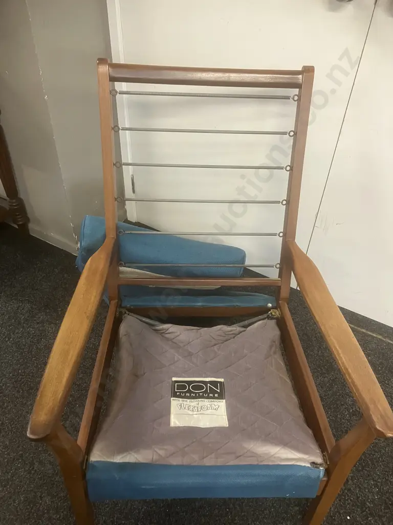 DON Furniture NZ 1960's Mid-Century Mahogany High Back Armchair With Teal Colour Button-backed Upholstery Image 1++