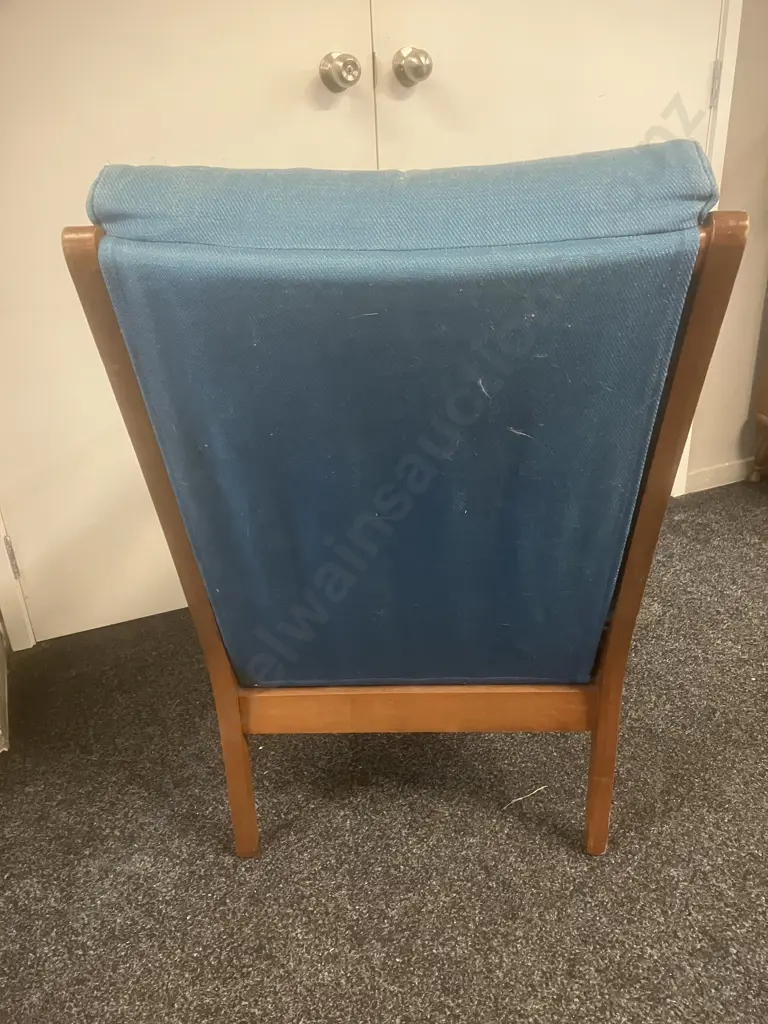 DON Furniture NZ 1960's Mid-Century Mahogany High Back Armchair With Teal Colour Button-backed Upholstery Image 1++