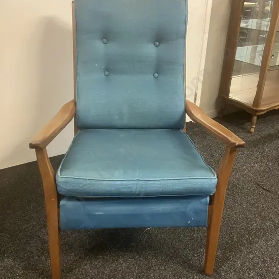 DON Furniture NZ 1960's Mid-Century Mahogany High Back Armchair With Teal Colour Button-backed Upholstery