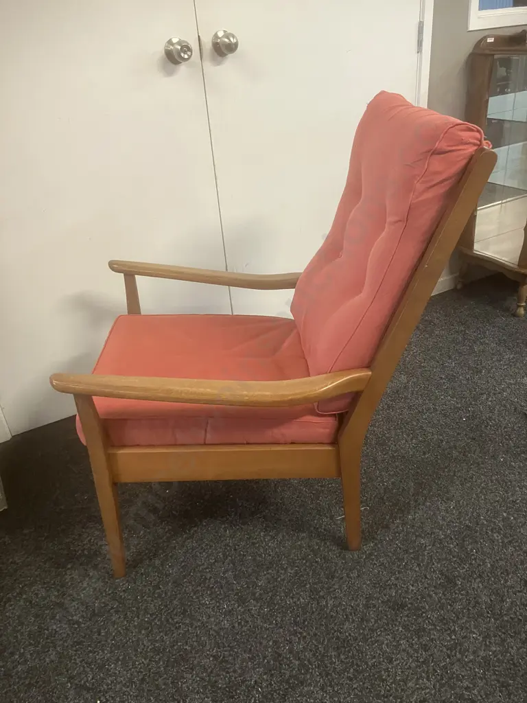 DON Furniture NZ 1960's Mid-Century Mahogany High Back Armchair With Pink Colour Button-backed Upholstery Image 1++