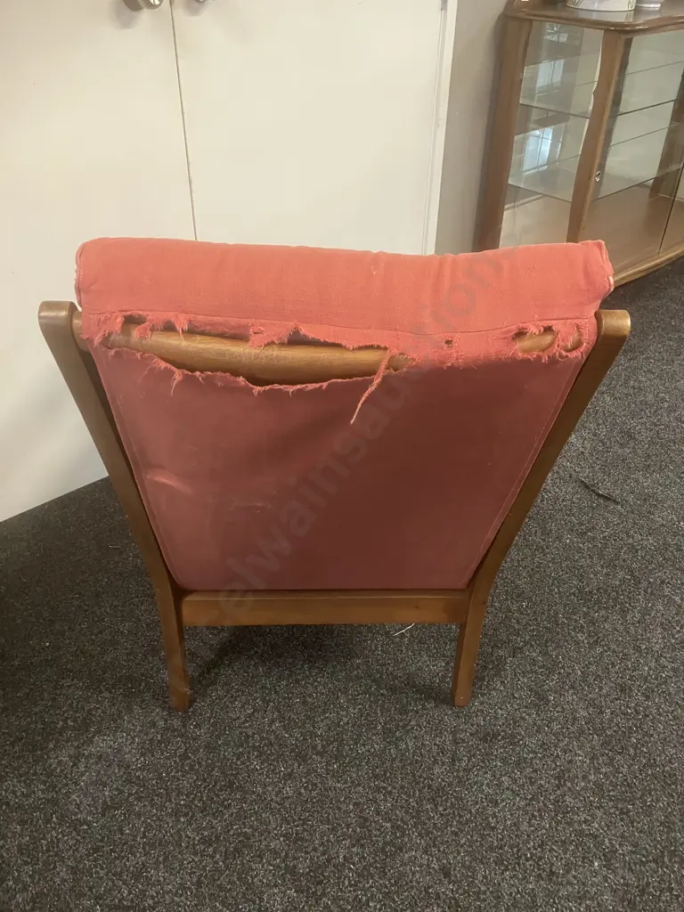 DON Furniture NZ 1960's Mid-Century Mahogany High Back Armchair With Pink Colour Button-backed Upholstery Image 1++
