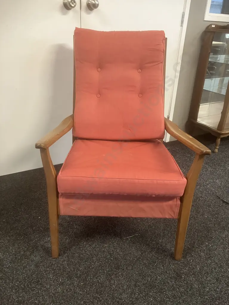 DON Furniture NZ 1960's Mid-Century Mahogany High Back Armchair With Pink Colour Button-backed Upholstery Image 1++
