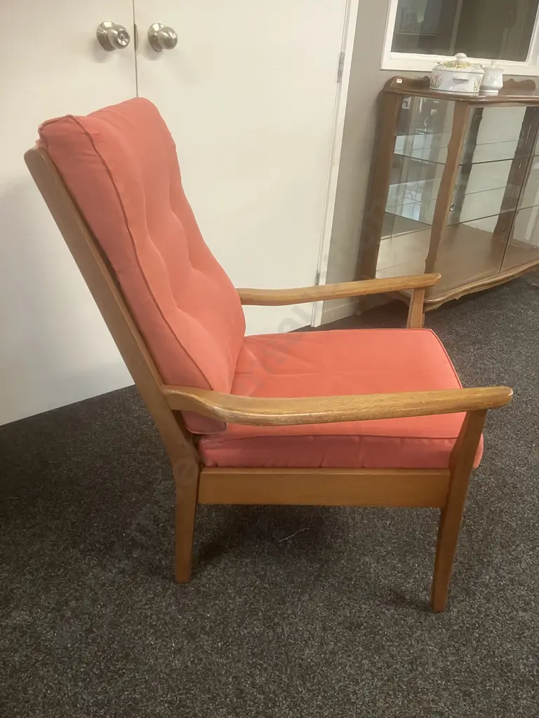 DON Furniture NZ 1960's Mid-Century Mahogany High Back Armchair With Pink Colour Button-backed Upholstery Image 1++
