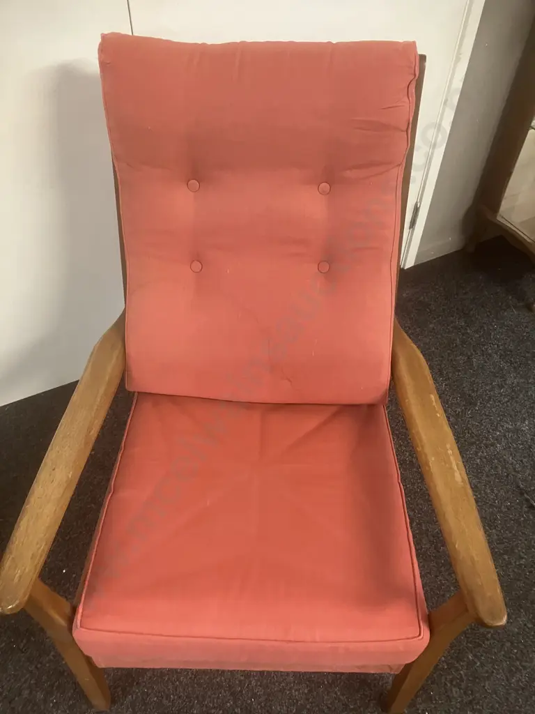 DON Furniture NZ 1960's Mid-Century Mahogany High Back Armchair With Pink Colour Button-backed Upholstery Image 1++