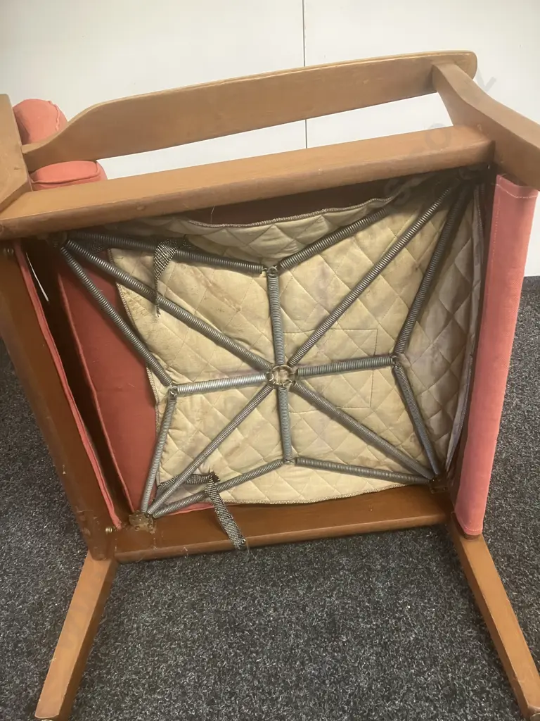 DON Furniture NZ 1960's Mid-Century Mahogany High Back Armchair With Pink Colour Button-backed Upholstery Image 1++
