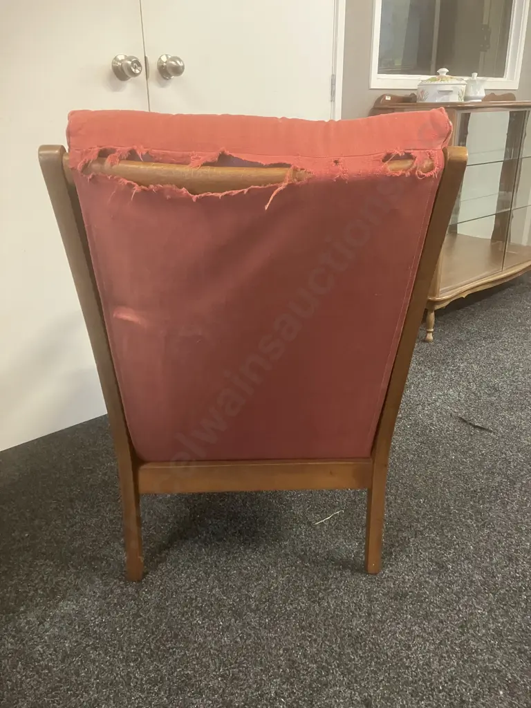 DON Furniture NZ 1960's Mid-Century Mahogany High Back Armchair With Pink Colour Button-backed Upholstery Image 1++