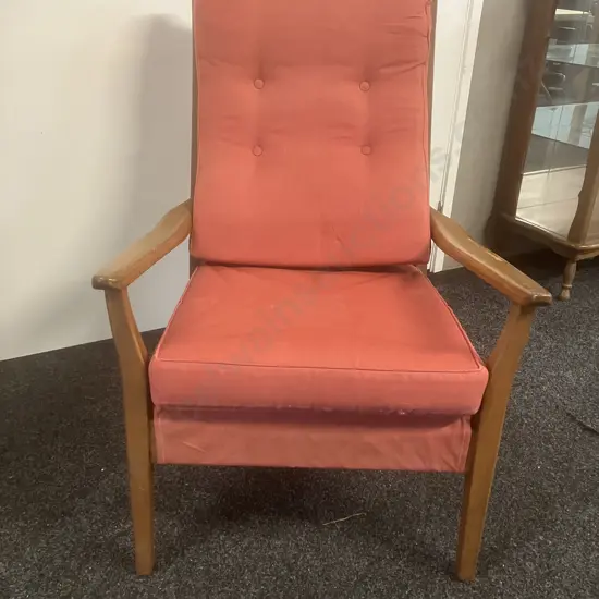 DON Furniture NZ 1960's Mid-Century Mahogany High Back Armchair With Pink Colour Button-backed Upholstery