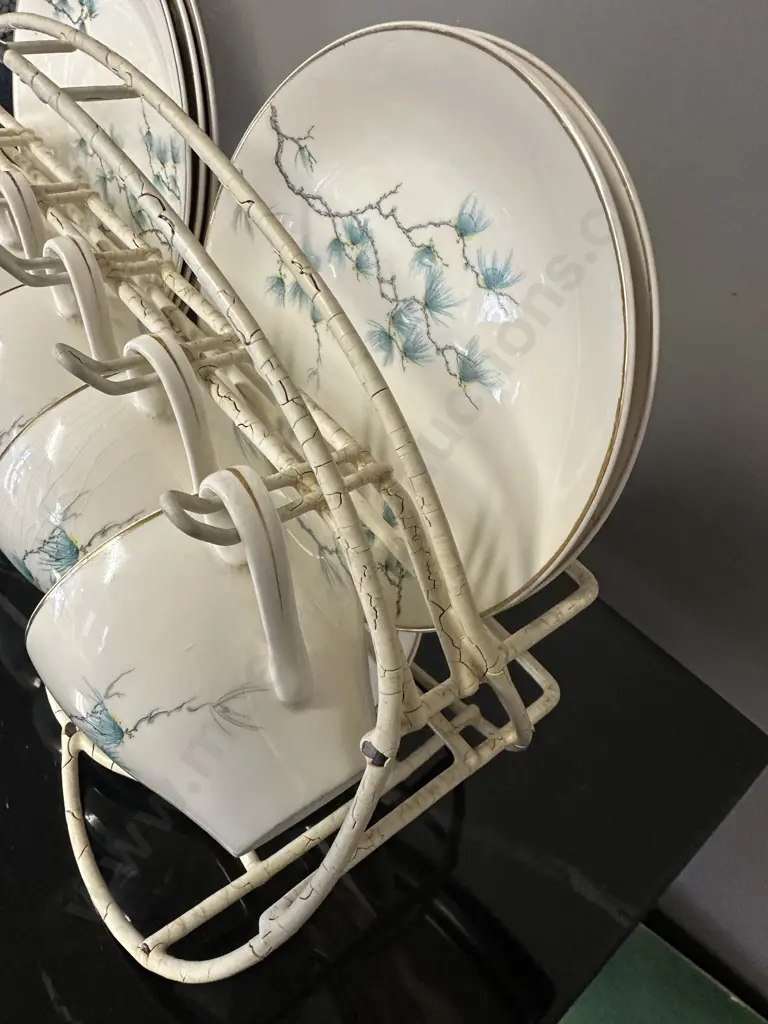 J&G Meakin 'Sol' 'Misty Morn' China Trios x5 & One Extra Cup (as found) On Cream Wire Display Rack Image 1++