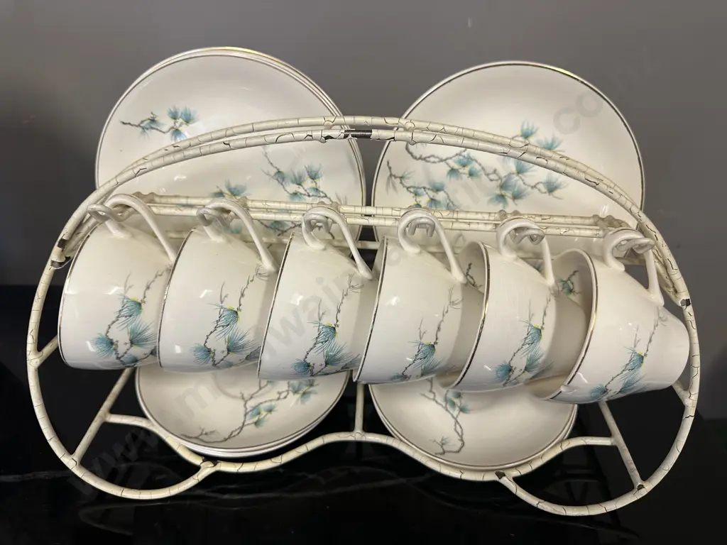 J&G Meakin 'Sol' 'Misty Morn' China Trios x5 & One Extra Cup (as found) On Cream Wire Display Rack Image 1++