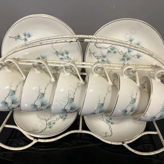 J&G Meakin 'Sol' 'Misty Morn' China Trios x5 & One Extra Cup (as found) On Cream Wire Display Rack