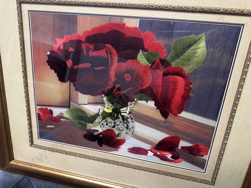 Gilt Framed Artwork Still Life Vase Of Red Flowers With Fallen Petals Image 1++
