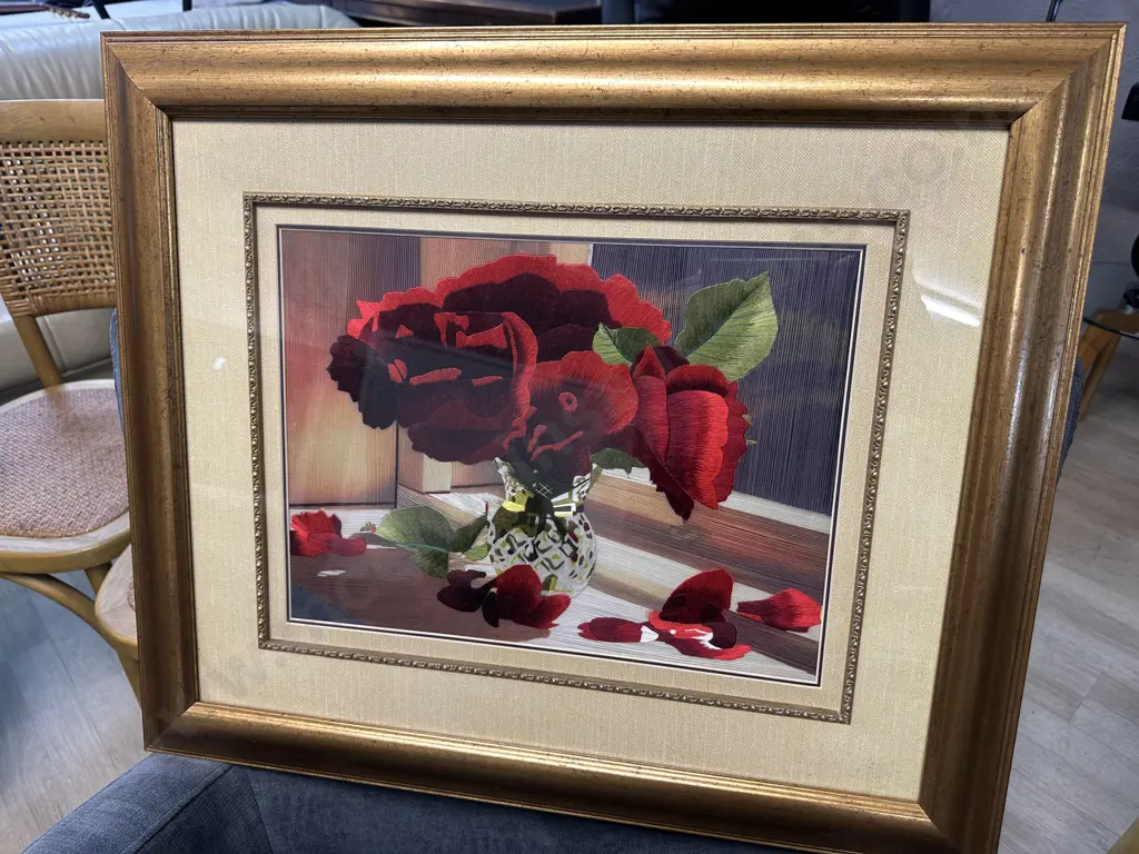 Gilt Framed Artwork Still Life Vase Of Red Flowers With Fallen Petals Image 1++