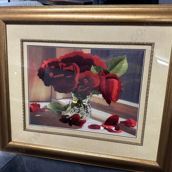 Gilt Framed Artwork Still Life Vase Of Red Flowers With Fallen Petals