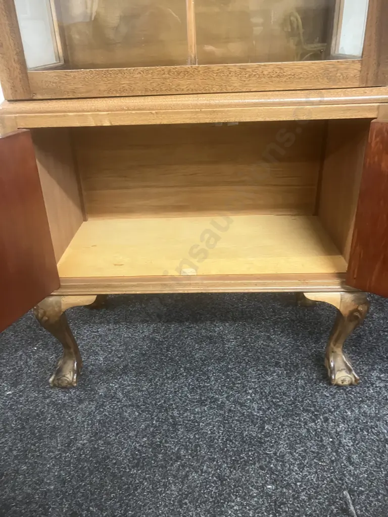 Antique Queen Anne Style Dome Top Display Cabinet, Carved Ball & Claw Feet, Glass Shelves. 2 Door Base, Ring Handles Image 1++