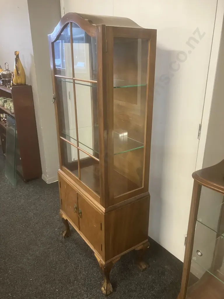 Antique Queen Anne Style Dome Top Display Cabinet, Carved Ball & Claw Feet, Glass Shelves. 2 Door Base, Ring Handles Image 1++