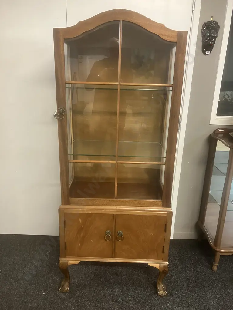 Antique Queen Anne Style Dome Top Display Cabinet, Carved Ball & Claw Feet, Glass Shelves. 2 Door Base, Ring Handles Image 1++