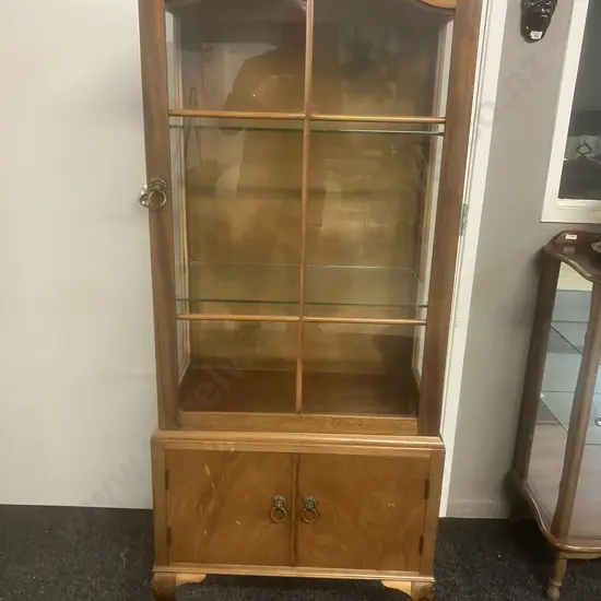 Antique Queen Anne Style Dome Top Display Cabinet, Carved Ball & Claw Feet, Glass Shelves. 2 Door Base, Ring Handles