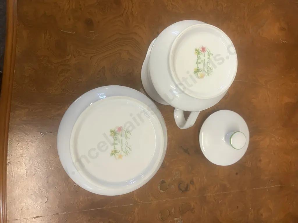 Vintage Jade Lily by Shafford Fine Porcelain Covered Casserole, Creamer & Lidded Sugar Bowl - Japan 1950's Image 1++
