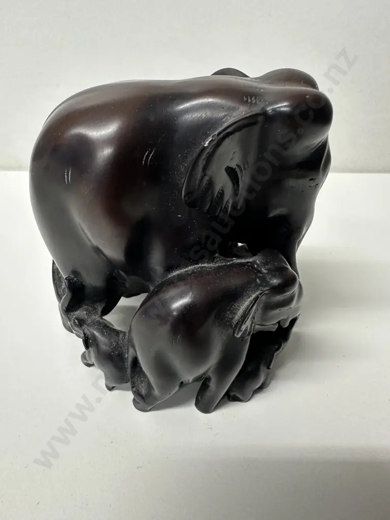 Hand Carved Thai Dark Hardwood Elephant Family Figurine Image 1++
