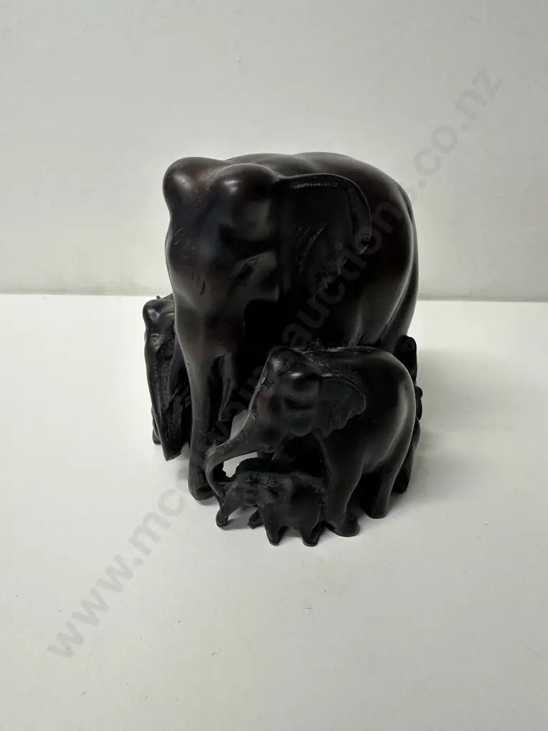 Hand Carved Thai Dark Hardwood Elephant Family Figurine Image 1++