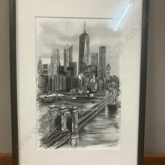 New York Skyline Charcoal Drawing Framed. 64 x 44cm