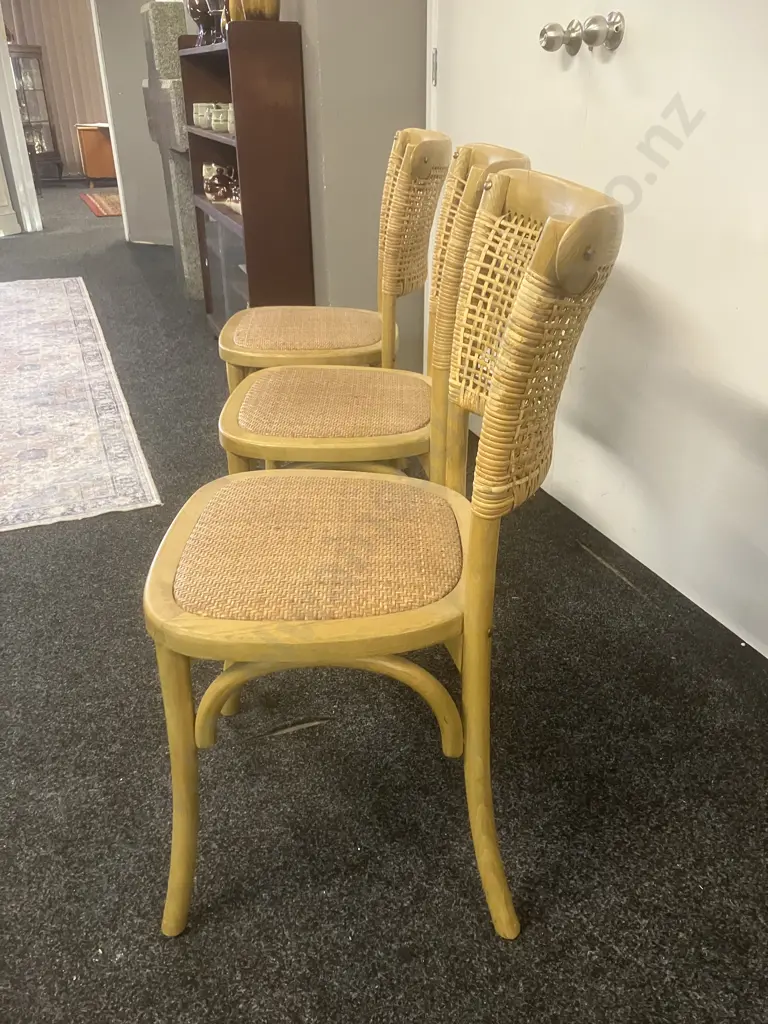 Set of 3 Rattan Weave Oak Dining Chairs Image 1++